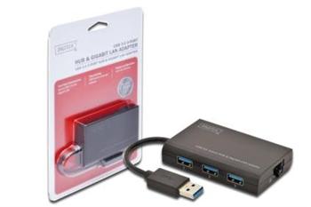 DIGITUS USB 3.0, 3-port HUB, Adaptér na Gigabit Ethernet ,1x RJ45, 10/100/1000Mbps