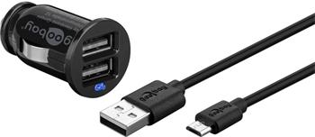 Micro USB vehicle charger set 2.1A vehicle charging adapter with two USB ports and Micro USB cable 1m